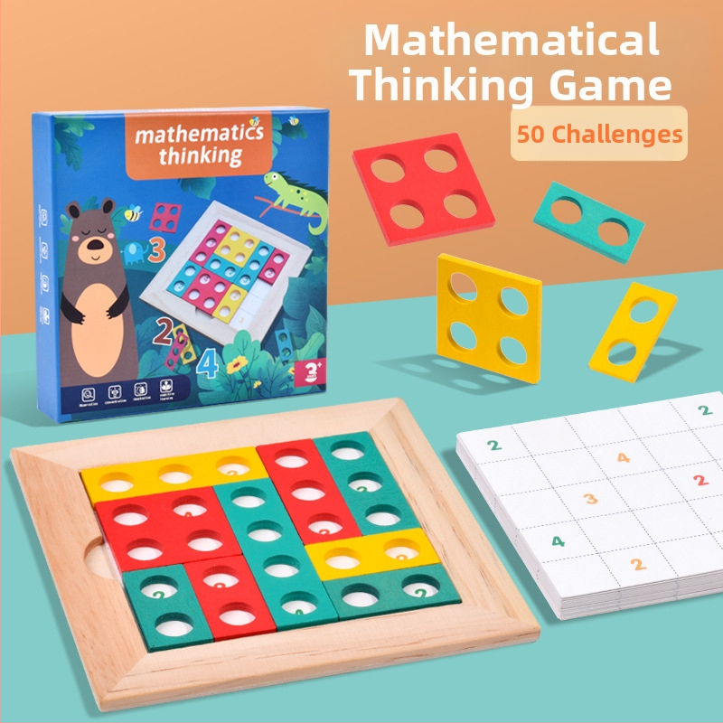 Дървена мисловна пъзел-игра за деца, Монтессори стил, логическо и математическо мислене (Материал: дърво; Категория: плосък пъзел; Обработка и персонализация: персонализирани мостри; Възраст: 4–6 години; Настолен формат)
