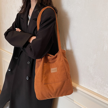 Дамска чанта Tote в урбанистичен стил, Corduroy плат, вертикална квадратна форма, магнитно закопчаване, подплата от полиестер