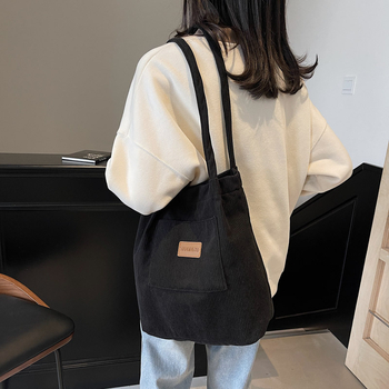 Дамска чанта Tote в урбанистичен стил, Corduroy плат, вертикална квадратна форма, магнитно закопчаване, подплата от полиестер