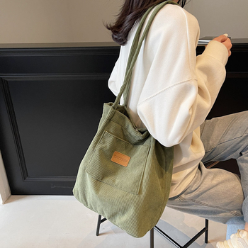 Дамска чанта Tote в урбанистичен стил, Corduroy плат, вертикална квадратна форма, магнитно закопчаване, подплата от полиестер