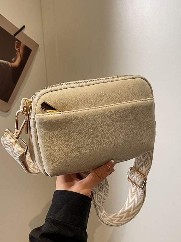 Női PU bőrtáska, vízszintes négyzet alakú, cipzáras záródás, poliészter bélés, belső cipzáras zseb és telefonzseb, puha anyag, egy vállpánttal, városi minimalista stílus