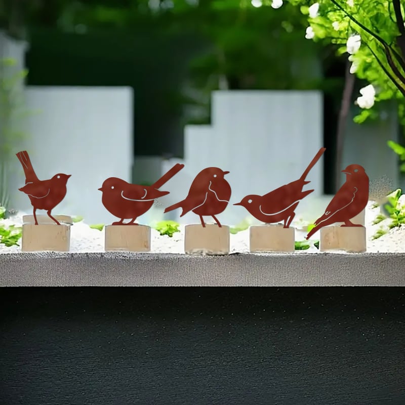 Öt madár vasból készült fatörzs-dísz a kertbe, pasztorális stílusú kültéri dekoráció (Anyag: Vas; Kategória: Állatok; Alkalmas: kert, tér, hotel; Márka: Sheng Ji-hyun)