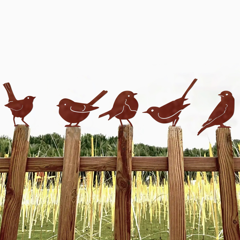 Öt madár vasból készült fatörzs-dísz a kertbe, pasztorális stílusú kültéri dekoráció (Anyag: Vas; Kategória: Állatok; Alkalmas: kert, tér, hotel; Márka: Sheng Ji-hyun)