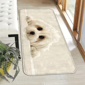 Μη ολισθηρό χαλάκι διάδρομου και μπάνιου — fusfeel πολυεστερικό βελούδο, εκτύπωση και ύφανση, μοτίβο μικρό λευκό σκυλάκι, πλένεται, κατάλληλο για σαλόνι, υπνοδωμάτιο, μελέτη, κουζίνα, μπάνιο