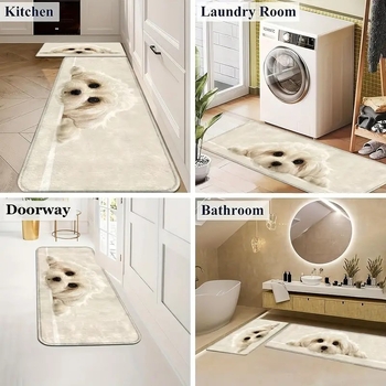 Μη ολισθηρό χαλάκι διάδρομου και μπάνιου — fusfeel πολυεστερικό βελούδο, εκτύπωση και ύφανση, μοτίβο μικρό λευκό σκυλάκι, πλένεται, κατάλληλο για σαλόνι, υπνοδωμάτιο, μελέτη, κουζίνα, μπάνιο