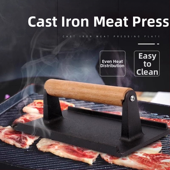 Geležinė mėsos presavimo lenta, stačiakampio formos, lauko kepsninėms, medine rankena, su įspaustu logotipu