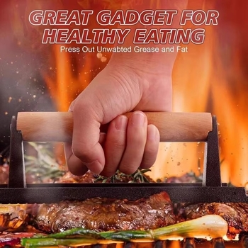 Geležinė mėsos presavimo lenta, stačiakampio formos, lauko kepsninėms, medine rankena, su įspaustu logotipu