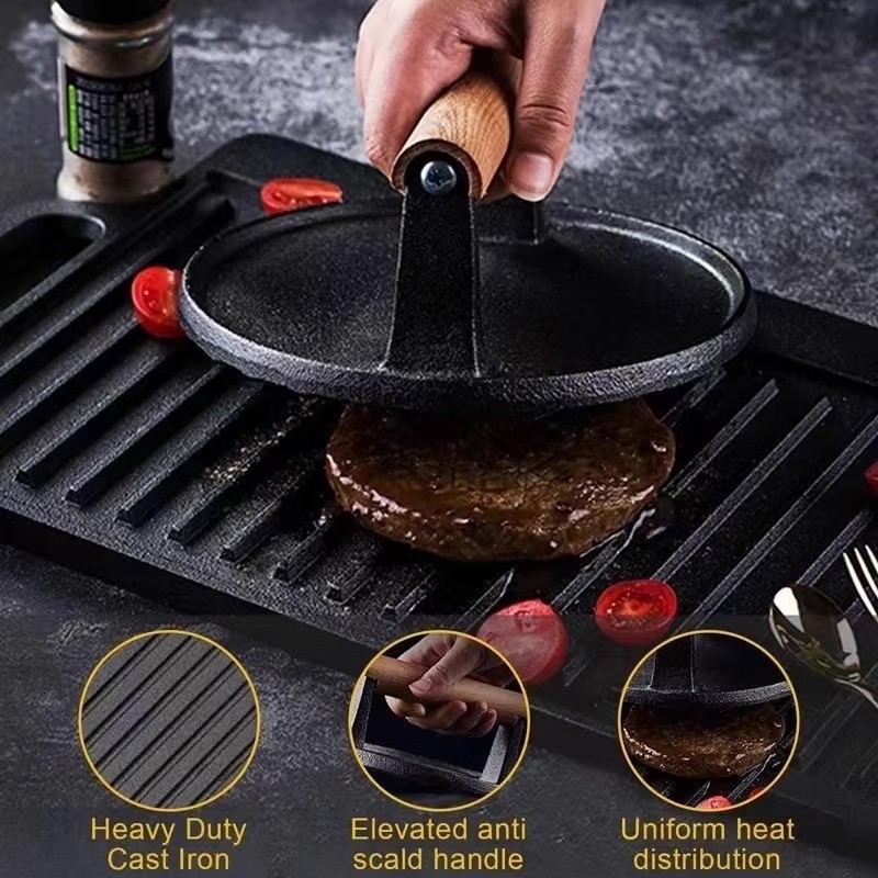 Geležinė mėsos presavimo lenta, stačiakampio formos, lauko kepsninėms, medine rankena, su įspaustu logotipu