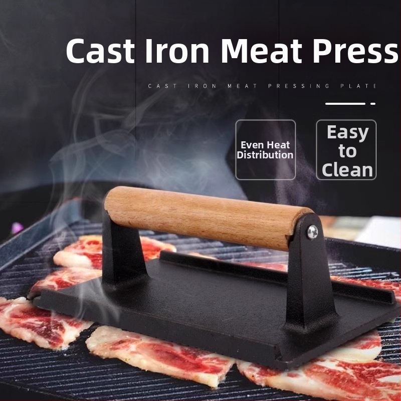 Geležinė mėsos presavimo lenta, stačiakampio formos, lauko kepsninėms, medine rankena, su įspaustu logotipu