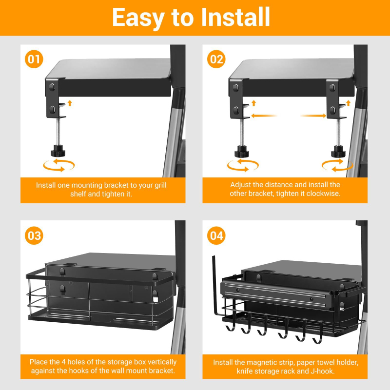 Kvadratinis geležies šoninis griliaus laikiklis – servetėlių ir prieskonių laikiklis, lauko kepsninės organizatorius, daugiafunkcinis, nuimamas, lengvai valomas