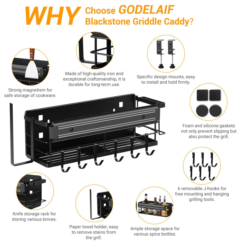 Kvadratinis geležies šoninis griliaus laikiklis – servetėlių ir prieskonių laikiklis, lauko kepsninės organizatorius, daugiafunkcinis, nuimamas, lengvai valomas