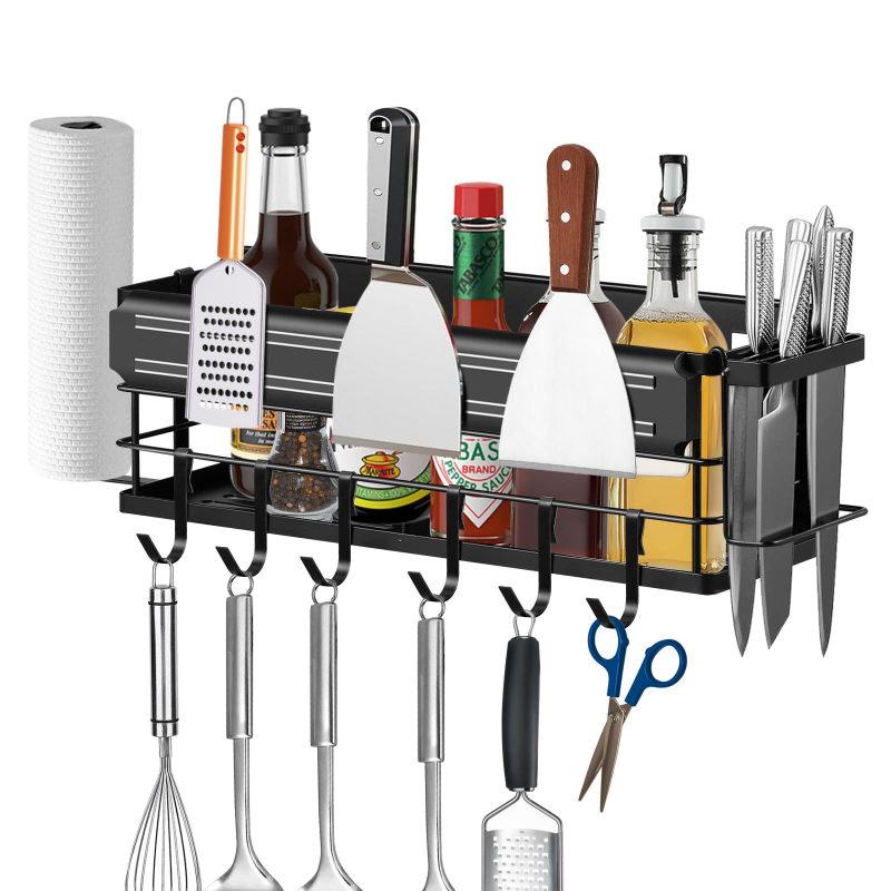 Kvadratinis geležies šoninis griliaus laikiklis – servetėlių ir prieskonių laikiklis, lauko kepsninės organizatorius, daugiafunkcinis, nuimamas, lengvai valomas