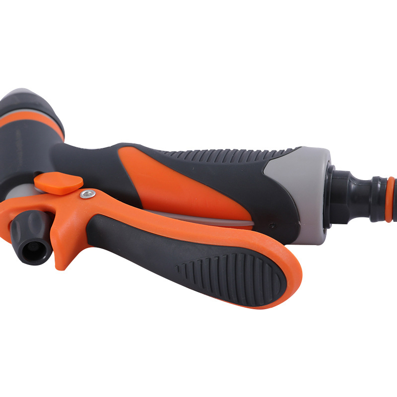 Divfunkciju plastmasas smidzinātājs dārzam laistīšanai un auto mazgāšanai – pistoles galva no ABS, rokturis no ABS/TPR, smidzināšanas attālums 8–15, ūdens spiediens 3–7, svars 0,153 kg