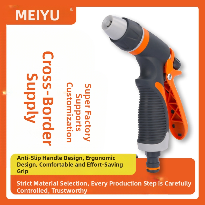 Divfunkciju plastmasas smidzinātājs dārzam laistīšanai un auto mazgāšanai – pistoles galva no ABS, rokturis no ABS/TPR, smidzināšanas attālums 8–15, ūdens spiediens 3–7, svars 0,153 kg