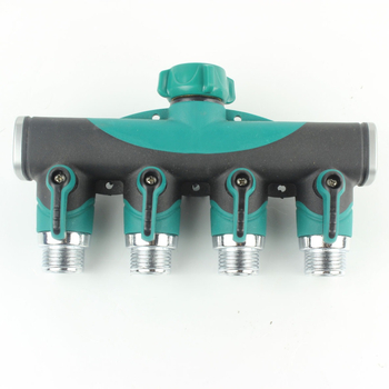 Τετραδρομικός διανομέας νερού με βαλβίδα σφαίρας, σώμα από πλαστικό + κράμα ψευδαργύρου, 1 είσοδος / 4 έξοδοι, άρδευση κήπου