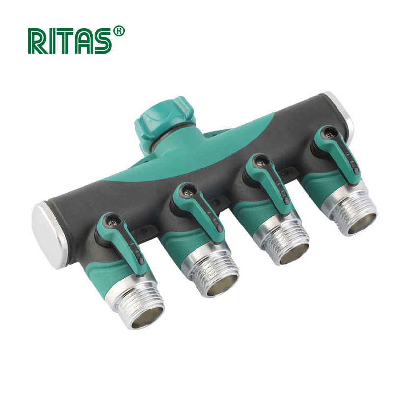 Τετραδρομικός διανομέας νερού με βαλβίδα σφαίρας, σώμα από πλαστικό + κράμα ψευδαργύρου, 1 είσοδος / 4 έξοδοι, άρδευση κήπου