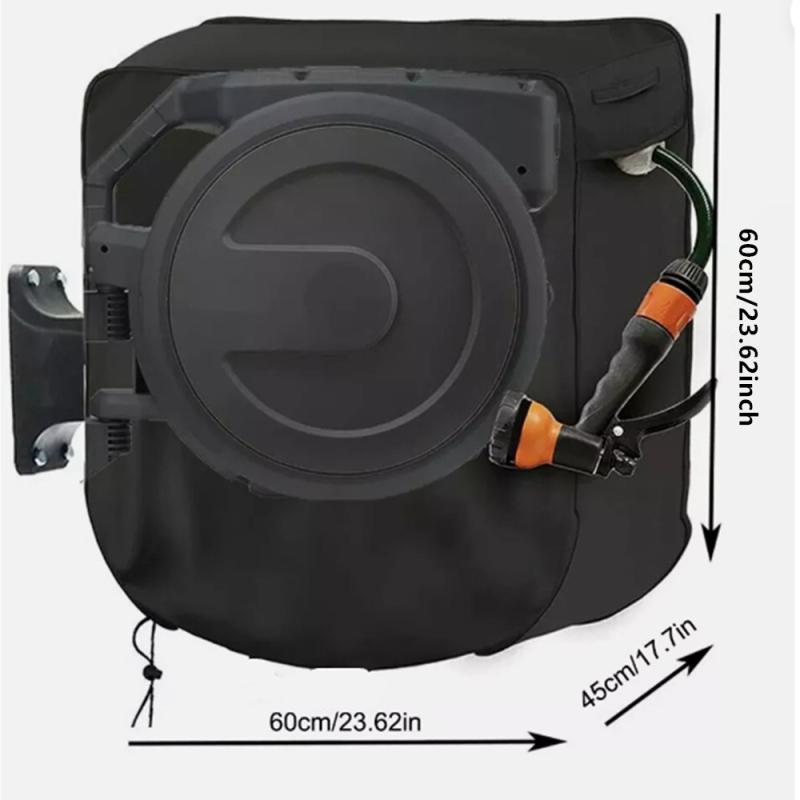 Kihúzható falra szerelhető tömlő tekercs burkolat Oxford anyagból, ezüst bevonattal; vízálló, UV-álló, por- és esőálló