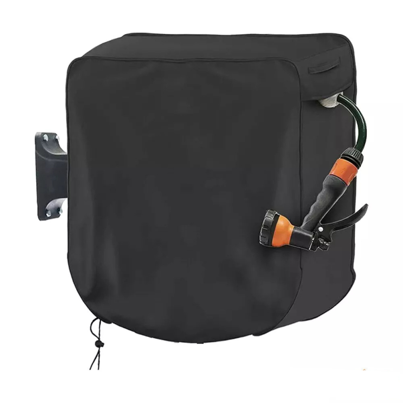 Kihúzható falra szerelhető tömlő tekercs burkolat Oxford anyagból, ezüst bevonattal; vízálló, UV-álló, por- és esőálló