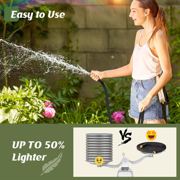 Dārza šļūtene – viegls plakanā dizaina, piemērota ārējai laistīšanai un auto mazgāšanai; Specifikācijas: Zīmols: Bicheng gardening; Izsmidzināšanas galvas materiāls: inženierplastika; Ūdens spiediens: 5–8; Svars: 1–5