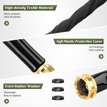 Dārza šļūtene – viegls plakanā dizaina, piemērota ārējai laistīšanai un auto mazgāšanai; Specifikācijas: Zīmols: Bicheng gardening; Izsmidzināšanas galvas materiāls: inženierplastika; Ūdens spiediens: 5–8; Svars: 1–5