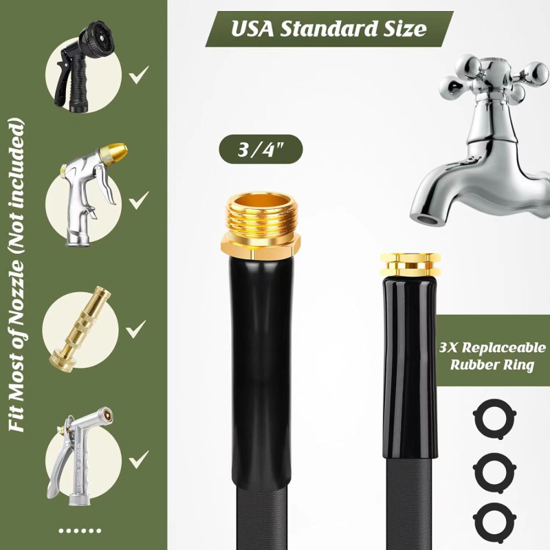 Dārza šļūtene – viegls plakanā dizaina, piemērota ārējai laistīšanai un auto mazgāšanai; Specifikācijas: Zīmols: Bicheng gardening; Izsmidzināšanas galvas materiāls: inženierplastika; Ūdens spiediens: 5–8; Svars: 1–5