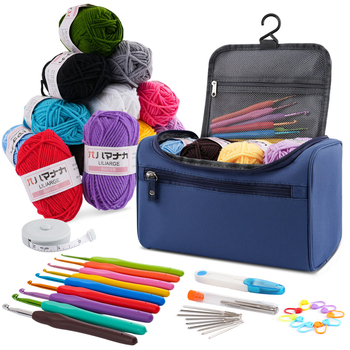 46 dalių mezgimo rinkinys pradedantiesiems su kabamu saugojimo krepšeliu ir mezgimo kabliukais bei siūlų priedais