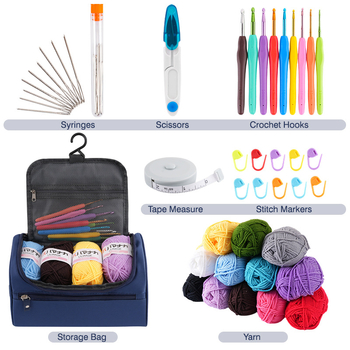 46 dalių mezgimo rinkinys pradedantiesiems su kabamu saugojimo krepšeliu ir mezgimo kabliukais bei siūlų priedais