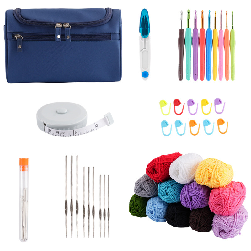 46 dalių mezgimo rinkinys pradedantiesiems su kabamu saugojimo krepšeliu ir mezgimo kabliukais bei siūlų priedais