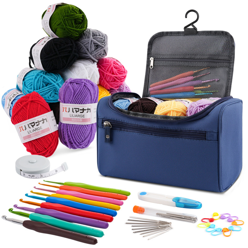 46 dalių mezgimo rinkinys pradedantiesiems su kabamu saugojimo krepšeliu ir mezgimo kabliukais bei siūlų priedais