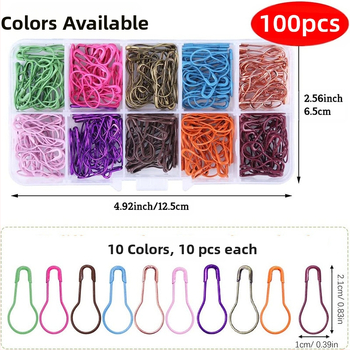 Šarene metalne igle za šivanje, set od 100 komada, 10 boja, dimenzije 22 x 10 mm, igle s etiketama za šivanje