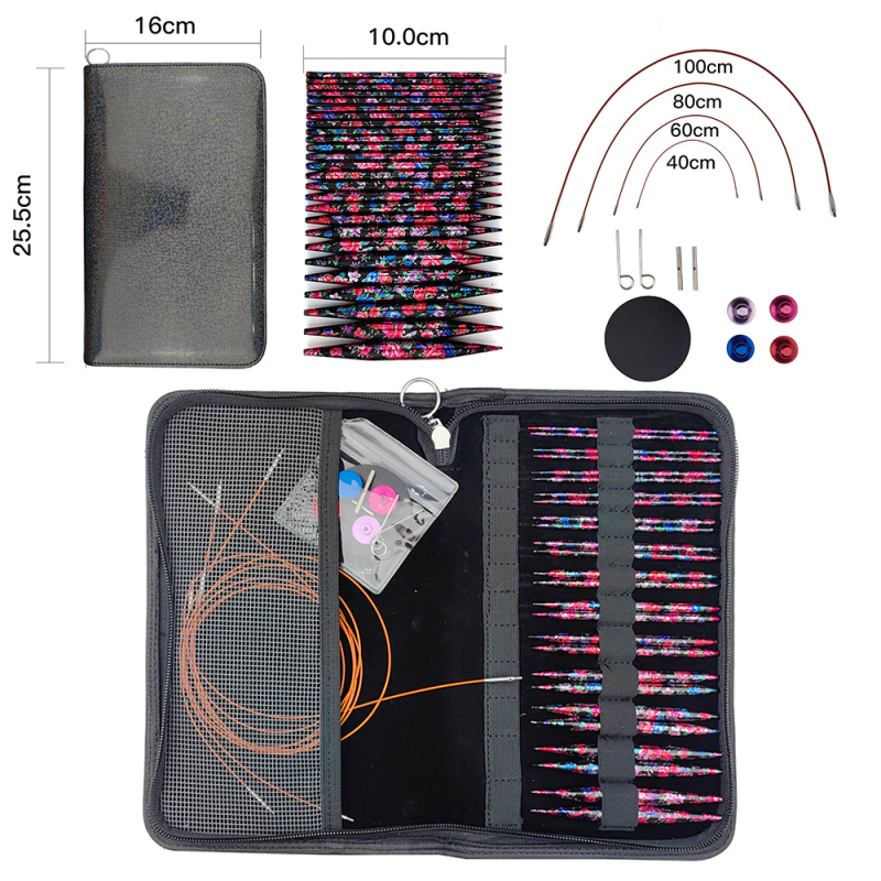 Körkötőtűk készlet leválasztható nyomtatott körkötőtűkkel, multifunkcionális cserélhető zsinórokkal, kézzel készített, 13 darabos PU tokban
