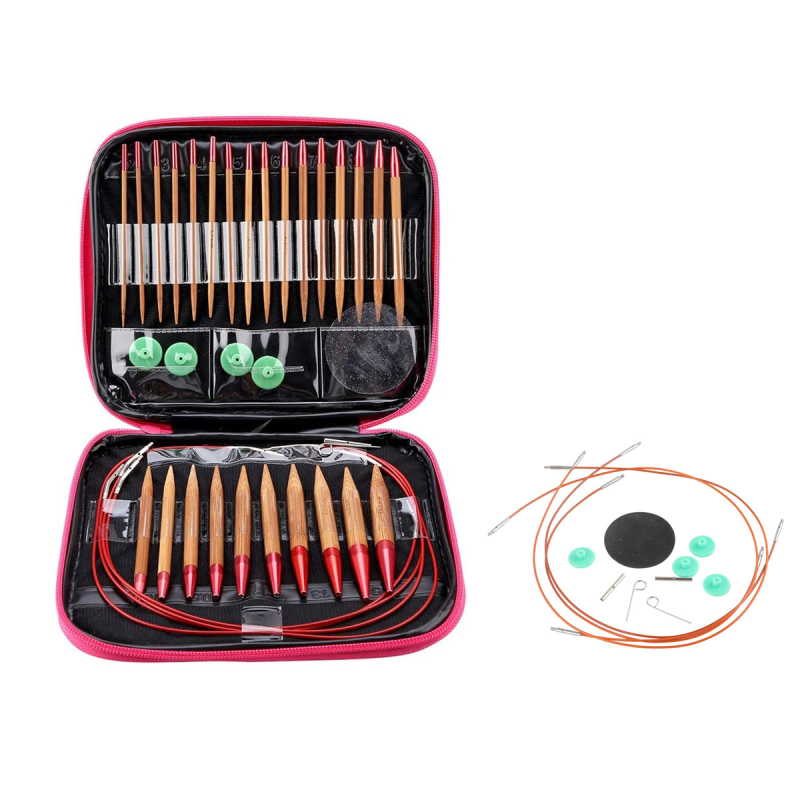 Разглобяем комплект за кръгови куки за плетене от карбонизиран бамбук, 13 части, дръжки от бук, френски стил шевни куки