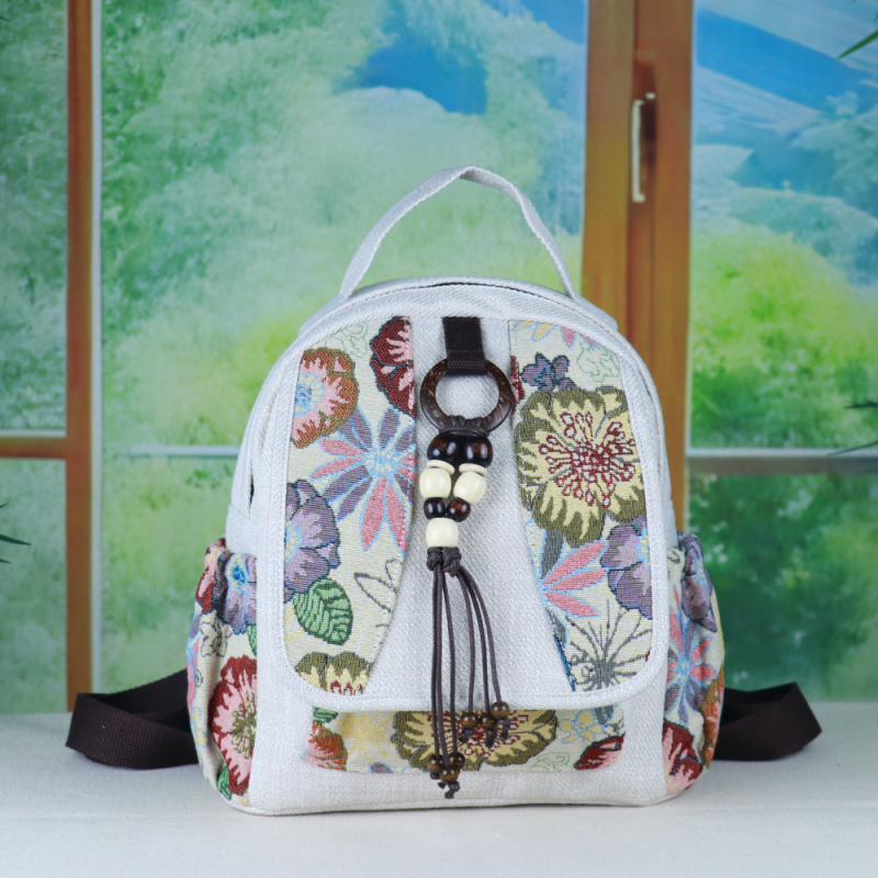 Vászon hátizsák, irodalmi kínai stílus, cipzáras nyitás, belső zseb a telefon számára, belső réteg, puha szerkezet, 2024 téli kiadás.