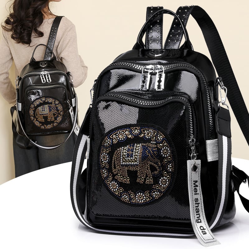 Női elefánt motívumos, gyémántokkal kirakott PU bőrből készült hátizsák, 2024 modell, többfunkciós szabadidős utazáshoz (anyag: PU; bélés: poliészter; zárás: cipzár; vízálló; kopásálló)
