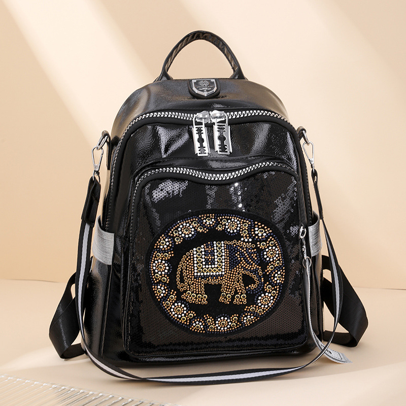 Női elefánt motívumos, gyémántokkal kirakott PU bőrből készült hátizsák, 2024 modell, többfunkciós szabadidős utazáshoz (anyag: PU; bélés: poliészter; zárás: cipzár; vízálló; kopásálló)