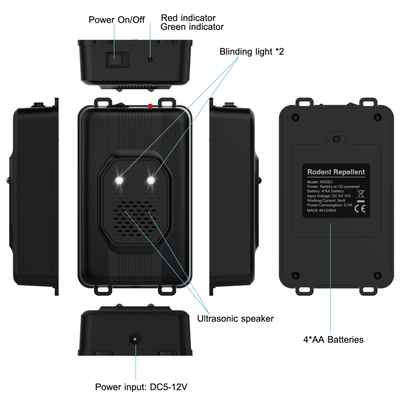 Išmani ultragarsinė pelės atbaidymo priemonė, įkraunama, kvadratinis dizainas, 18-36 kHz, 0.1 W