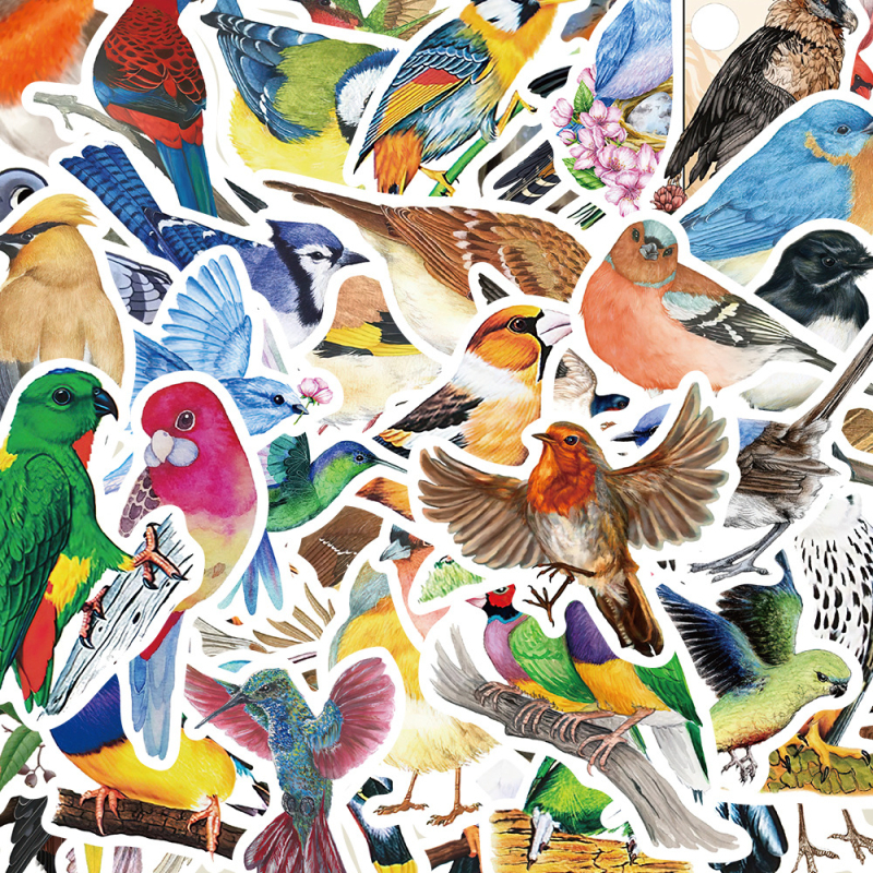 Painted Crow 50 darab öntapadós matricakészlet növényi madár motívumokkal, aranyos stílus, nyomtatott matricák