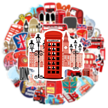 Комплект лепящи стикери с лондонска архитектура, 50 броя, за бутилки с вода, багаж, прозорци и дневник