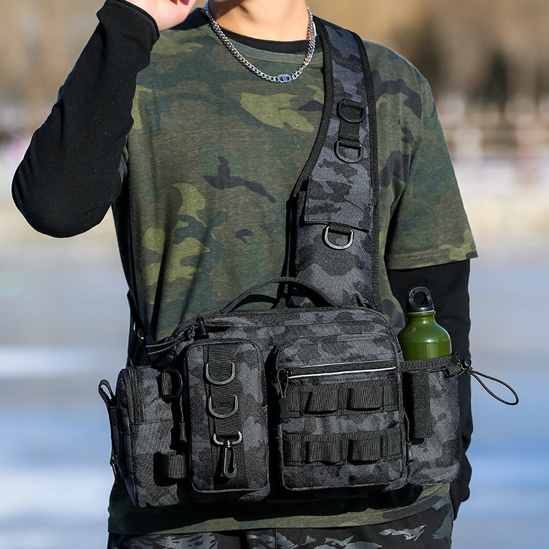 Žvejybos krepšys vienai lazdei, didelė talpa, lauke atspari vandeniui, lengvas crossbody dizainas (skyriai masaloms, linijai, lazdei ir ritėi)