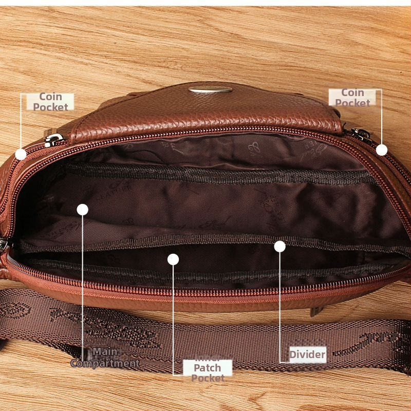 Мъжка поясна чанта от естествена кожа, първи слой телешка кожа, издръжлива на износване, подплата полиестер, подходяща за бизнес пътувания