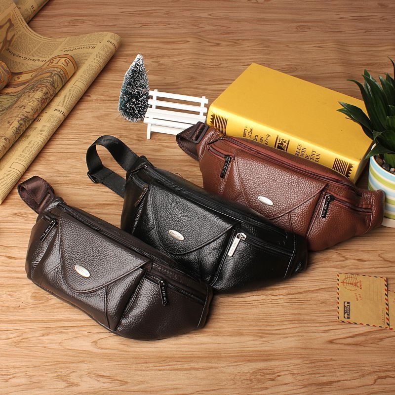 Мъжка поясна чанта от естествена кожа, първи слой телешка кожа, издръжлива на износване, подплата полиестер, подходяща за бизнес пътувания