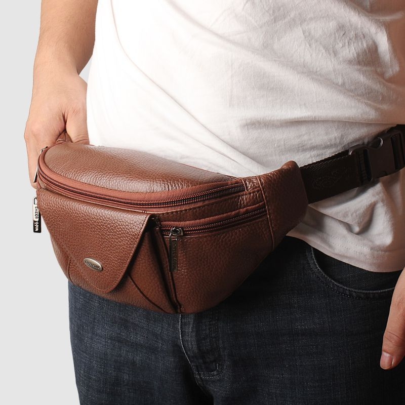 Мъжка поясна чанта от естествена кожа, първи слой телешка кожа, издръжлива на износване, подплата полиестер, подходяща за бизнес пътувания