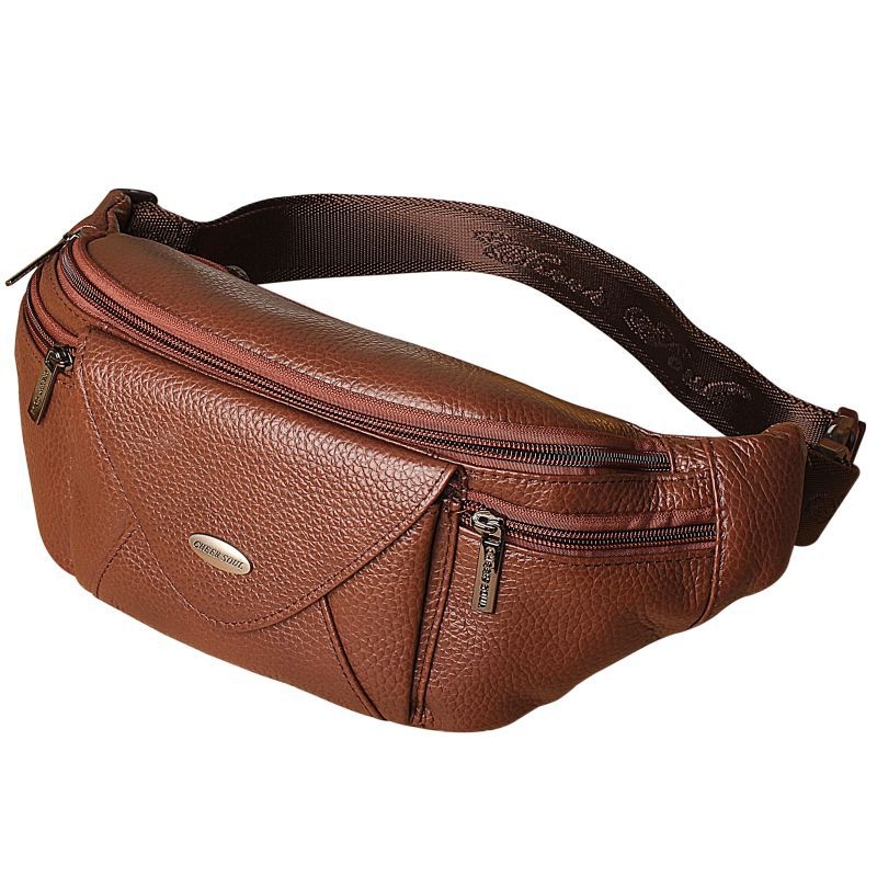 Мъжка поясна чанта от естествена кожа, първи слой телешка кожа, издръжлива на износване, подплата полиестер, подходяща за бизнес пътувания