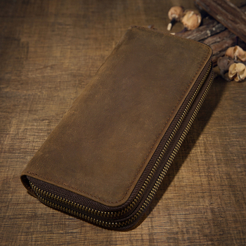 Мъжки дълъг портфейл с двойни ципове от Crazy Horse кожа, модел B-182, кожа от първи слой, подплата от акрилно влакно