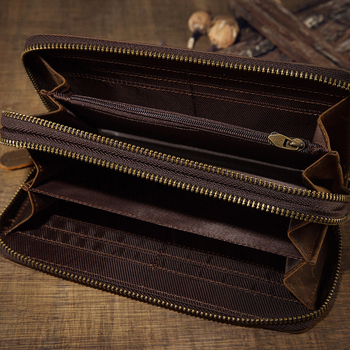 Мъжки дълъг портфейл с двойни ципове от Crazy Horse кожа, модел B-182, кожа от първи слой, подплата от акрилно влакно