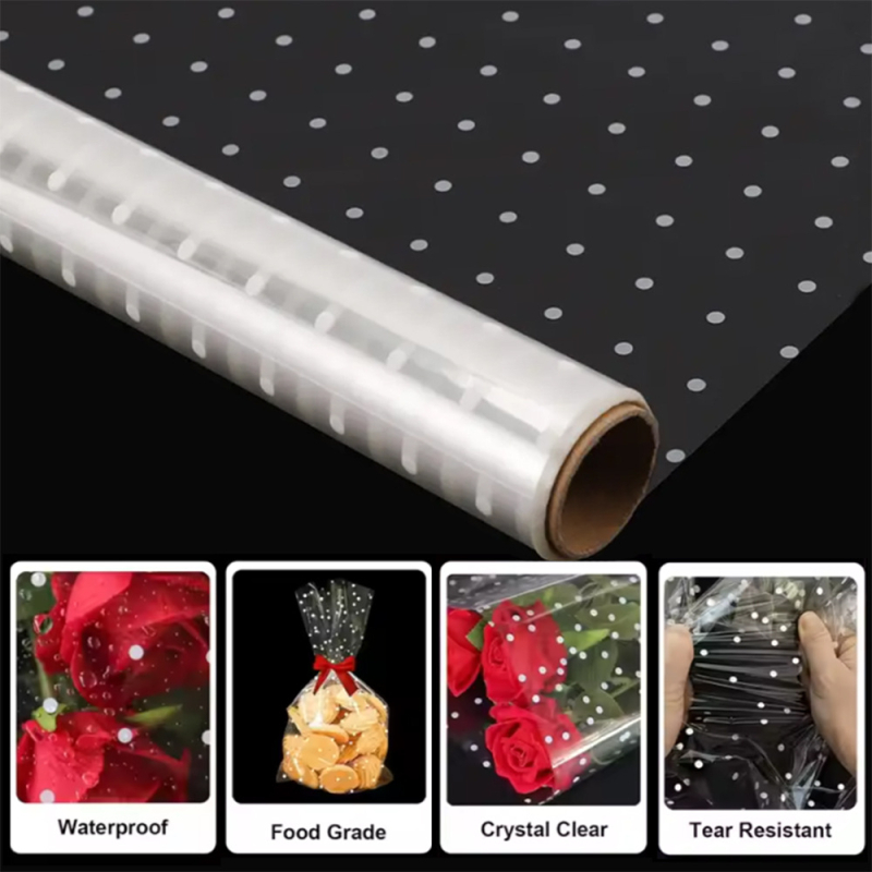 Прозрачен целофан за опаковане на цветя с точков модел, водоустойчив, дебелина 0.01