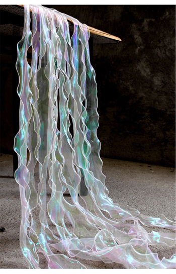 Meistrinė nėrinių dekoratyvinė audinys su sirenos bangų raštu, permatomas, rankų darbo, lazerio gradientinis užbaigimas