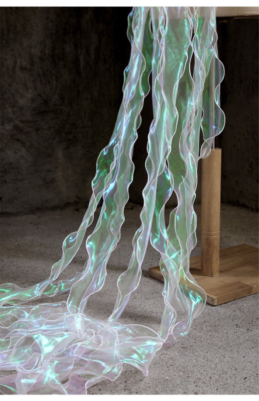 Meistrinė nėrinių dekoratyvinė audinys su sirenos bangų raštu, permatomas, rankų darbo, lazerio gradientinis užbaigimas