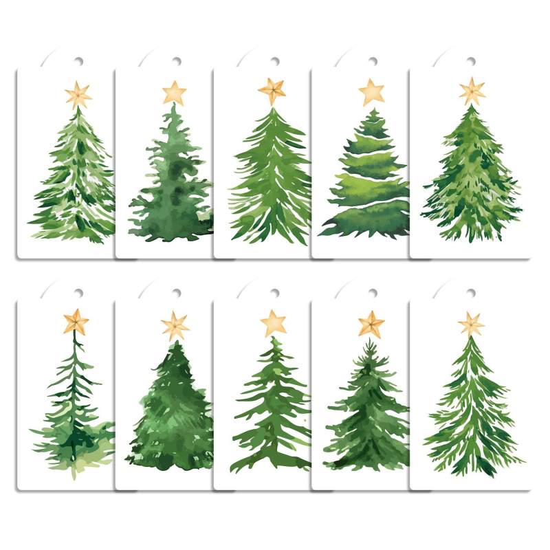 Поздравителна картичка с акварелно изобразен бор и коледно благословение – декоративен етикет за подарък и опаковка (Картон; Печат; Прост и модерен стил; Поздравителна картичка)