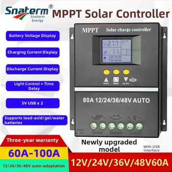 MPPT napelemes töltésvezérlő, sorozat 100A/80A/60A, 12/24/36/48V, USB interfész, energiafogyasztás 1W